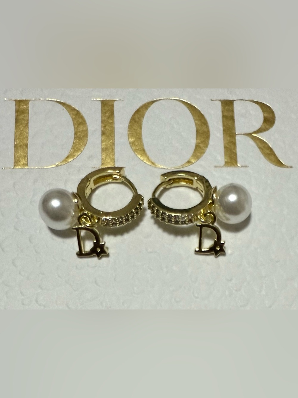 Gold Hoop Earrings with White Pearls and D Star Charms Designer Style